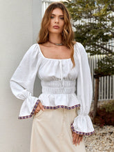 Contrast Trim Flare Sleeve Tie Front Ruffle Hem Blouse